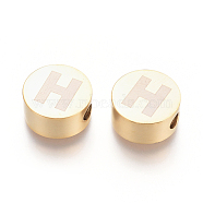304 Stainless Steel Beads, Flat Round with Letter, Letter.H, 10x4.5mm, Hole: 2mm(STAS-I126-02G-H)