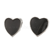 Brass Stud Earring Findings, with Loop, Enamel, Heart, Nickel Free, Real Platinum Plated, Black, 10x10mm, Hole: 1.5mm, pin: 0.7mm(KK-S345-265A)