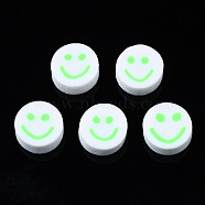 Handmade Polymer Clay Beads, for DIY Jewelry Crafts Supplies, Flat Round with Smiling Face, Medium Spring Green, 10x4~4.5mm, Hole: 1.8mm(CLAY-N008-040D)