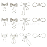 12Pcs 4 Style Crystal Rhinestone Bowknot Lapel Pins, Creative Brass Badges for Backpack Clothes, Silver, 22~71x27.5~69.5x9.5~12mm, Pin: 0.6mm, 3Pcs/style(JEWB-CA0001-19)