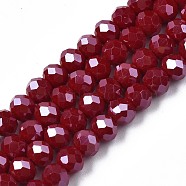 Electroplate Glass Beads Strands, Pearl Luster Plated, Faceted, Rondelle, Dark Red, 6x5mm, Hole: 1mm, about 85~88pcs/strand, 16.1~16.5 inch(41~42cm)(X-EGLA-A034-P6mm-A22)