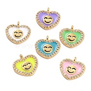 Golden Plated Brass Micro Pave Clear Cubic Zirconia Charms, with Enamel, Long-Lasting Plated, Heart with Smile Face, Mixed Color, 11x11.5x2.5mm, Hole: 1.2mm(ZIRC-L097-034-G)