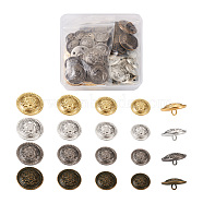 64Pcs 16 Style Brass Shank Buttons, Flat Round with Flower Pattern, Mixed Color, 15~25mm, 4pcs/Style(BUTT-TA0001-09)