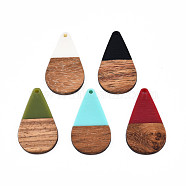 Opaque Resin & Walnut Wood Pendants, Teardrop Shape Charm, Mixed Color, 38x22x3mm, Hole: 2mm(RESI-N025-030-B)