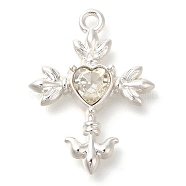 Rack Plating Alloy Pendants, with Rhinestone, Heart, Cross, Silver, 23.5x17.5x3.5mm, Hole: 1.6mm(PALLOY-M055-05P)