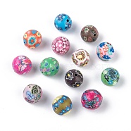 Handmade Flower Pattern Polymer Clay Beads, Round, Mixed Color, 11~12mm, Hole: 2mm(X-CLAY-Q175-M)