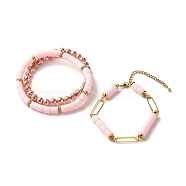 Natural Lava Rock Stretch Bracelets Set for Girl Women, Chunky Polymer Clay Curve Tube Beads Bracelets, Golden, Pink, Inner Diameter: 2-1/8~2-3/8 inch(5.4~5.9cm), 3pcs/set(BJEW-JB06868)