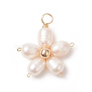Natural Cultured Freshwater Pearl Pendants, with Copper Wire Wrapped, Flower Charms, Golden, 22.5x20x6mm, Hole: 3.2mm(PALLOY-JF02024)