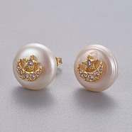 Natural Pearl Stud Earrings, with Brass Micro Pave Cubic Zirconia Findings, Flat Round with Star & Moon, Long-Lasting Plated, with Ear Nuts, Golden, Clear, 14mm, Pin: 0.8mm(EJEW-L231-17G)