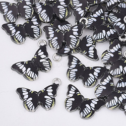 Printed Alloy Pendants, with Enamel, Butterfly, Platinum, Black, 13.5x20x2mm, Hole: 1.6mm(PALLOY-R111-18)