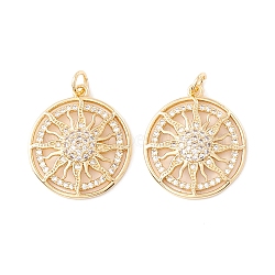 10Pcs Rack Plating Brass Micro Pave Clear Cubic Zirconia Pendants, with Jump Rings, Long-Lasting Plated, Cadmium Free & Lead Free, Flat Round with Sun, Real 18K Gold Plated, 23x20x4mm, Hole: 3.2mm(ZIRC-SZ0004-17)