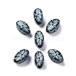 Black Opaque Acrylic Beads, Metal Enlaced, Kernel with Flower Pattern, Pale Turquoise, 13.5x7x7mm, Hole: 1.8mm, about 1190pcs/500g(OACR-G016-29A)
