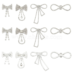 12Pcs 4 Style Crystal Rhinestone Bowknot Lapel Pins, Creative Brass Badges for Backpack Clothes, Silver, 22~71x27.5~69.5x9.5~12mm, Pin: 0.6mm, 3Pcs/style(JEWB-CA0001-19)