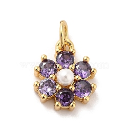 Rack Plating Brass Micro Pave Cubic Zirconia Charms, with Pearl, Cadmium Free & Lead Free, Real 18K Gold Plated, Flower, Medium Purple, 12.5x10.5x4mm, Hole: 3.6mm(KK-A160-22J-G)