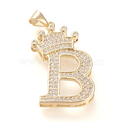 Brass Micro Pave Cubic Zirconia Pendants, Long-Lasting Plated, with Snap on Bail, Letter.B with Crown, Real 18K Gold Plated, Clear, Letter.B, B: 28.5x18x4mm, Hole: 3x4mm(KK-R138-002B)