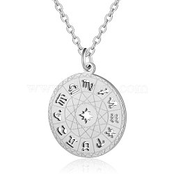 201 Stainless Steel Pendant Necklaces, with Cable Chains, Flat Round with Constellations, Stainless Steel Color, 15.7 inch(40cm)(NJEW-T009-JN139-40-1)