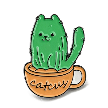 Cat Cactus Enamel Pins, Black Alloy Brooches for Backpack Clothes, Orange, 30x23x2mm
