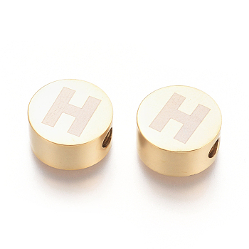 304 Stainless Steel Beads, Flat Round with Letter, Letter.H, 10x4.5mm, Hole: 2mm