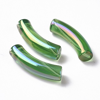 UV Plating Transparent Rainbow Iridescent Acrylic Beads, Curved Tube, Green, 32~33x10x8mm, Hole: 1.6mm