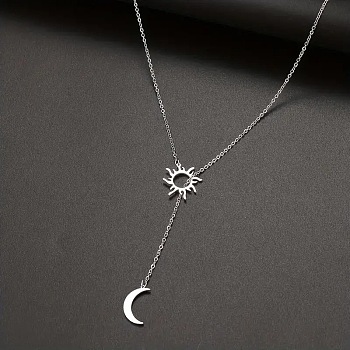 Sun Moon 304 Stainless Steel Lariat Necklaces for Women, Stainless Steel Color, 23.62 inch(60cm)