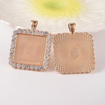 Square Alloy Rhinestone Pendant Cabochon Settings, Cadmium Free & Lead Free, Picture Memory Frame Pendants, Light Gold, Crystal, Tray: 25x25mm, 43x34x3mm, Hole: 4x7mm