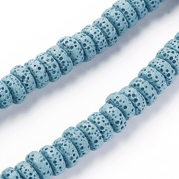 Natural Lava Rock Beads Strands, Dyed, Flat Round/Disc, Sky Blue, 8~8.5x3~4mm, Hole: 2mm, about 62 pcs/Strand, 7.87 inch(20 cm)