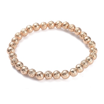 Electroplated Natural Lava Rock Beads Stretch Bracelets, Long-Lasting Plated, Round, Light Gold Plated, 2-1/4 inch(5.8cm), Bead: 6.5~7mm