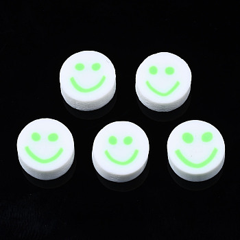 Handmade Polymer Clay Beads, for DIY Jewelry Crafts Supplies, Flat Round with Smiling Face, Medium Spring Green, 10x4~4.5mm, Hole: 1.8mm