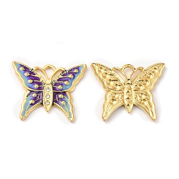 Real 18K Gold Plated 304 Stainless Steel Rhinestone Pendants, with Enamel, Butterfly Charms, Indigo, 20x24.5x2mm, Hole: 3x2mm