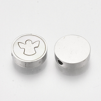 304 Stainless Steel Beads, with Shell, Flat Round with Angel, Stainless Steel Color, 9.5~10x3mm, Hole: 1.5mm