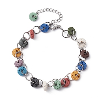 Dyed Natural Lava Rock Disc Beaded Chain Bracelet, with 304 Stainless Steel Chains, Colorful, 7-1/2 inch(19cm)