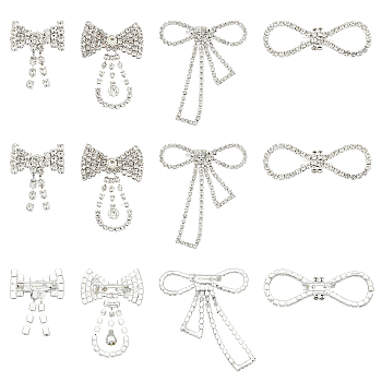 12Pcs 4 Style Crystal Rhinestone Bowknot Lapel Pins, Creative Brass Badges for Backpack Clothes, Silver, 22~71x27.5~69.5x9.5~12mm, Pin: 0.6mm, 3Pcs/style
