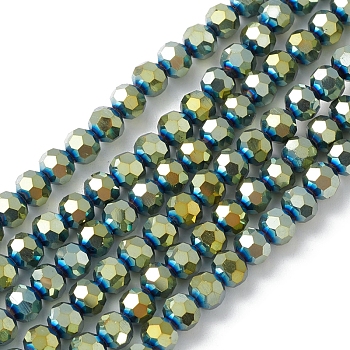 Electroplate Glass Beads Strands, Faceted, Rondelle, Green, 5x6mm, Hole: 1.2mm, about 95pcs/strand, 20.87''(53cm)