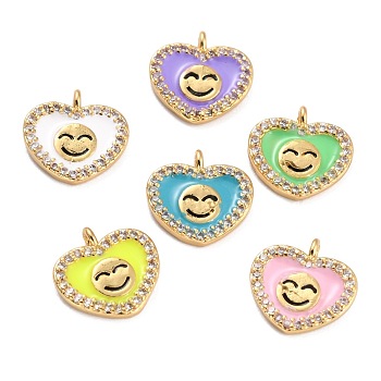 Golden Plated Brass Micro Pave Clear Cubic Zirconia Charms, with Enamel, Long-Lasting Plated, Heart with Smile Face, Mixed Color, 11x11.5x2.5mm, Hole: 1.2mm