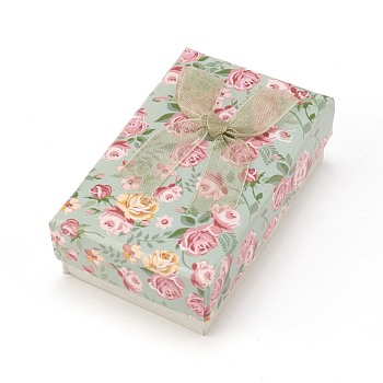 Flower Pattern Cardboard Jewelry Packaging Box, 2 Slot, For Ring Earrings, with Ribbon Bowknot and Black Sponge, Rectangle, Dark Sea Green, 8x5x2.6cm