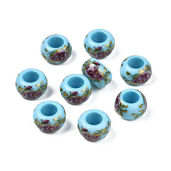 Flower Printed Opaque Acrylic Rondelle Beads, Large Hole Beads, Sky Blue, 15x9mm, Hole: 7mm