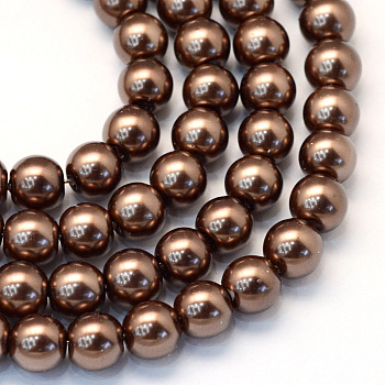 Baking Painted Pearlized Glass Pearl Round Bead Strands, Saddle Brown, 6~7mm, Hole: 1mm, about 145pcs/strand, 31.4 inch