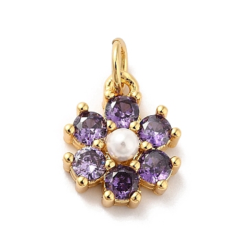 Rack Plating Brass Micro Pave Cubic Zirconia Charms, with Pearl, Cadmium Free & Lead Free, Real 18K Gold Plated, Flower, Medium Purple, 12.5x10.5x4mm, Hole: 3.6mm
