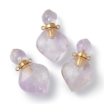 Natural Amethyst Pendants, with Golden Brass Findings, Openable Perfume Bottle, 37x21x11mm, Hole: 1.5mm