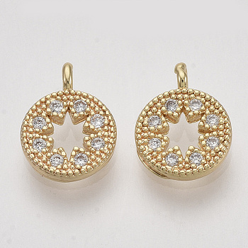 Brass Micro Pave Cubic Zirconia Pendants, Flat Round, Clear, Nickel Free, Real 18K Gold Plated, 11x8x1.5mm, Hole: 1.2mm
