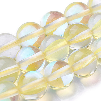 Synthetic Moonstone Beads Strands, Dyed, Holographic Beads, Half AB Color Plated, Round, Light Yellow, 8mm, Hole: 1mm, about 49pcs/strand, 15 inch