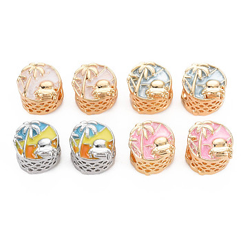 Rack Plating Alloy Enamel European Beads, Large Hole Beads, Cadmium Free & Nickel Free & Lead Free, Flat Round with Tree, Platinum & Light Gold, Mixed Color, 11x10mm, Hole: 5.5mm