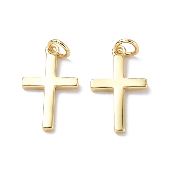 Brass Pendants, with Jump Ring, Cadmium Free & Lead Free, Cross Charm, Real 18K Gold Plated, 19x11.5x1.5mm, Ring: 5x0.8mm, Hole: 3.4mm