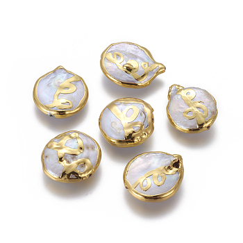 Natural Cultured Freshwater Pearl Beads, with Brass Findings, Nuggets, White, Golden, 20~23x17~19.5x5~6.5mm, Hole: 0.8mm