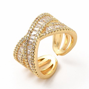 Cubic Zirconia Criss Cross Open Cuff Ring, Real 18K Gold Plated Brass Jewelry for Women, Cadmium Free & Lead Free, Clear, Inner Diameter: 17.2mm