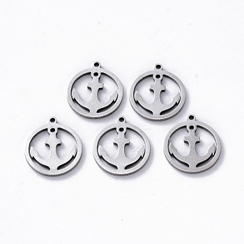 304 Stainless Steel Pendants, Laser Cut, Round Ring with Anchor, Stainless Steel Color, 16x14x1mm, Hole: 1.2mm
