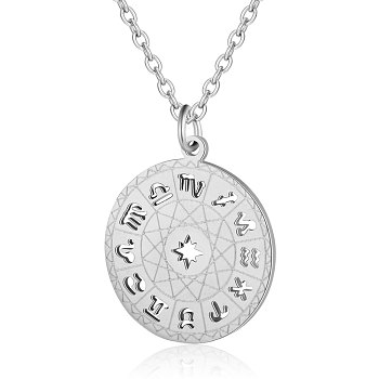 201 Stainless Steel Pendant Necklaces, with Cable Chains, Flat Round with Constellations, Stainless Steel Color, 15.7 inch(40cm)