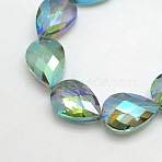 Electroplate Crystal Glass Teardrop Beads Strands, Faceted, Rainbow Color Plated, Medium Aquamarine, 24x17x11mm, Hole: 1mm, about 30pcs/strand, 28.3 inch(EGLA-F067B-03)