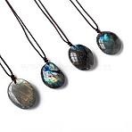 Natural Labradorite Oval Pendant Necklaces, Adjustable Braided Cord Necklaces, Pendants: 3cm(PW-WGBBC83-01)