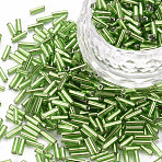 Plated Glass Bugle Beads, Metallic Colours, Lime, 6~7x2mm, Hole: 1mm, about 10000pcs/Pound(SEED-S046-01B-49A)
